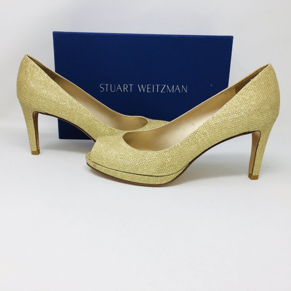 Stuart Weitzman Gold Noir Platform Peep Toe Heels